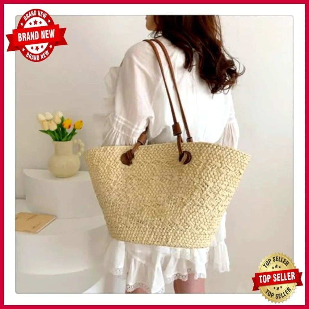 Large Straw Tote Bag Handmade Woven Beach Bag Shoulder Bag